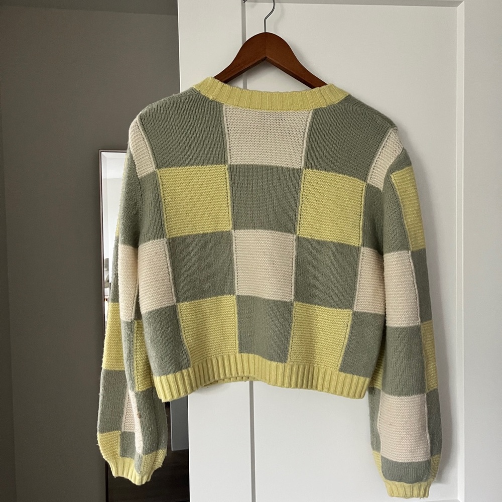 & Other Stories Yellow, Sage Green & Cream Checkered V-Neck Cropped Cardigan - Picture 2 of 3